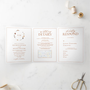 Elegant Burnt Sinaasappel Floral Crest Monogram We Drieluik Uitnodiging