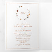 Elegant Burnt Sinaasappel Floral Crest Monogram We Drieluik Uitnodiging (Binnenzijde eerst)