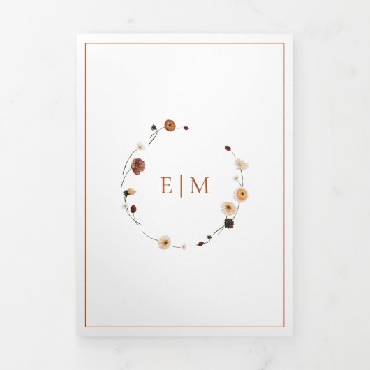 Elegant Burnt Sinaasappel Floral Crest Monogram We Drieluik Uitnodiging (Cover)