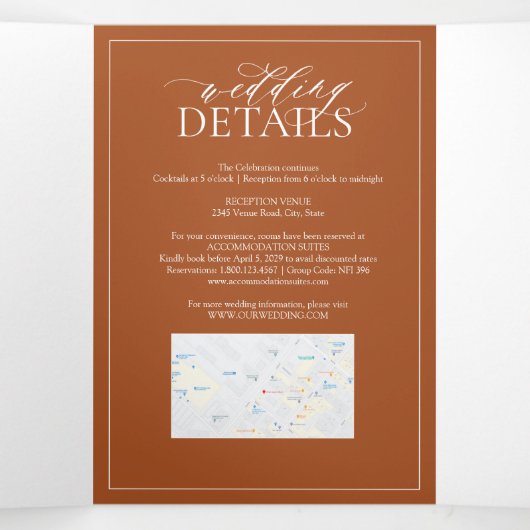 Elegant Burnt Sinaasappel Floral Crest Monogram We Drieluik Uitnodiging (Binnenkant midden)