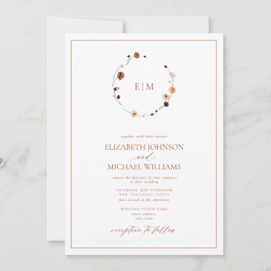 Elegant Burnt Sinaasappel Floral Crest Monogram We Kaart (Voorkant)