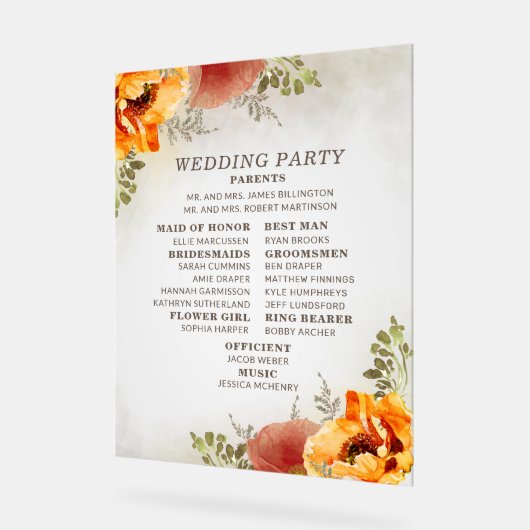 Elegant Burnt Sinaasappel Floral Wedding Programme Acryl Bord (Hoek)