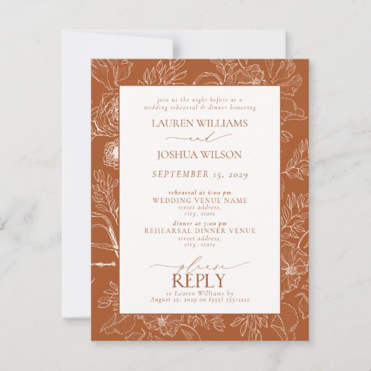 Elegant Burnt Sinaasappel Wedding Rehearsal Dinner Kaart (Voorkant)