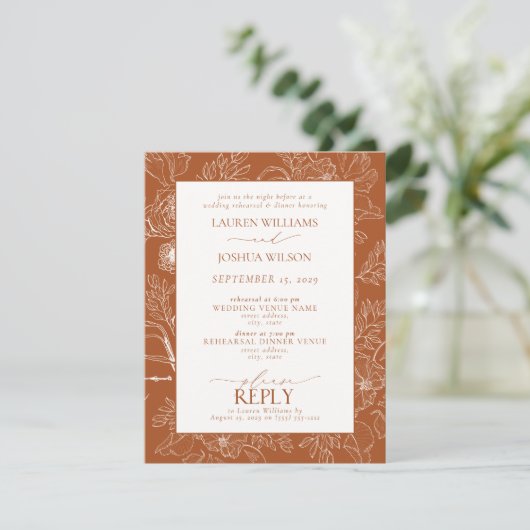 Elegant Burnt Sinaasappel Wedding Rehearsal Dinner Kaart (Staand voorkant)