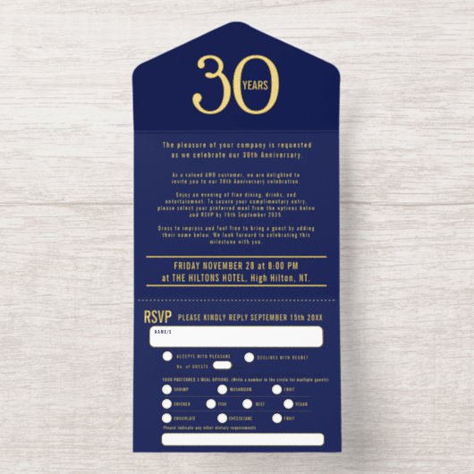  Elegant Business 30th Anniversary blue tear-off All In One Uitnodiging (Binnenkant)