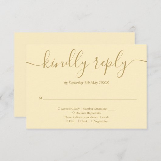 Elegant Buttercup geel en goud script RSVP Kaartje (Voorkant / Achterkant)