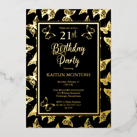 Elegant Butterflies 21e verjaardag Black Gold Folie Uitnodiging (Voorkant)
