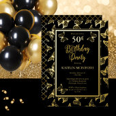 Elegant Butterflies 50th Birthday Party Black Gold Folie Uitnodiging