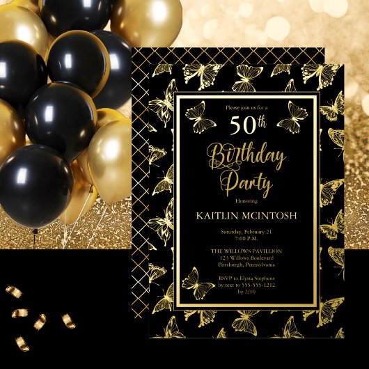 Elegant Butterflies 50th Birthday Party Black Gold Folie Uitnodiging