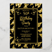 Elegant Butterflies 50th Birthday Party Black Gold Folie Uitnodiging (Voorkant)