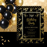 Elegant Butterflies 70th Birthday Party Black Gold Folie Uitnodiging<br><div class="desc">Moderne,  elegante en klastige zwarte en echte gouden folie vlinders ontwerpen voor de 70ste verjaardag van de partij. De achtergrond op de achtergrond heeft een diagonaal rasterpatroon in faux goud. Composite by Holiday Hearts Design (rechten voorbehouden).</div>