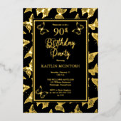 Elegant Butterflies 90th Birthday Party Black Gold Folie Uitnodiging (Voorkant)