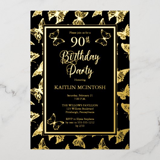 Elegant Butterflies 90th Birthday Party Black Gold Folie Uitnodiging (Voorkant)