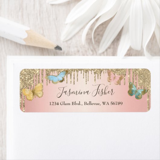 Elegant Butterflies Glitter Drift Girly Address Etiket (Insitu)