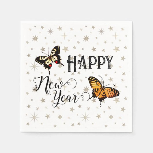 Elegant Butterflies & Stars White Happy Nieuwjaar Servet (Voorkant)