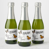 Elegant Butterflies & Stars White Happy Nieuwjaar Sparkling Wijnetiket (Flessen)