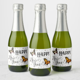 Elegant Butterflies & Stars White Happy Nieuwjaar Sparkling Wijnetiket