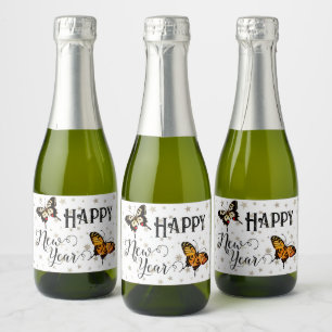 Elegant Butterflies & Stars White Happy Nieuwjaar Sparkling Wijnetiket