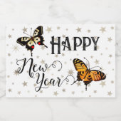 Elegant Butterflies & Stars White Happy Nieuwjaar Sparkling Wijnetiket (Enkel label)