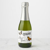 Elegant Butterflies & Stars White Happy Nieuwjaar Sparkling Wijnetiket (Voorkant)