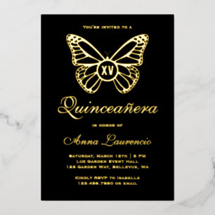 Elegant Butterfly Black en Gold XV Quinceanera Folie Uitnodiging