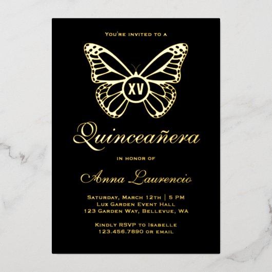 Elegant Butterfly Black en Gold XV Quinceanera Folie Uitnodiging (Voorkant)