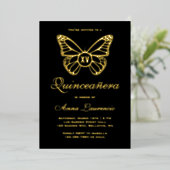 Elegant Butterfly Black en Gold XV Quinceanera Folie Uitnodiging (Staand Voorkant)
