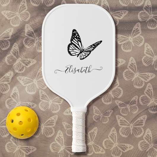 Elegant Butterfly Cute Simple Black and White Name Pickleball Paddle