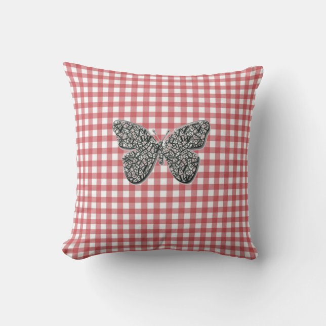 Elegant Butterfly op Red Gingham Cushion Kussen (Voorkant)