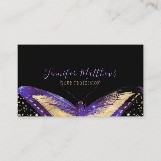Elegant Butterfly Paars Gold Glitter Visitekaartje (Voorkant)