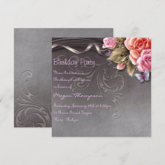 Elegant Butterfly & Rozen Verjaardagsuitnodiging Kaart (Voorkant / Achterkant)