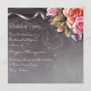 Elegant Butterfly & Rozen Verjaardagsuitnodiging Kaart