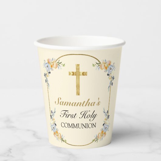 Elegant Butterroom Floral 1st Heilige Communie Papieren Bekers (Voorkant)