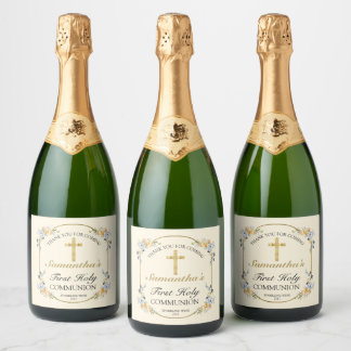 Elegant Butterroom Floral 1st Heilige Communie Sparkling Wijnetiket