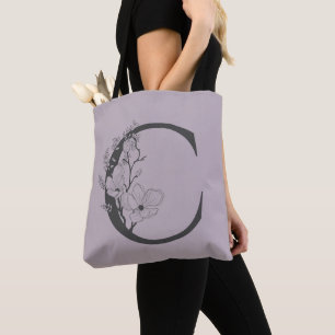 Elegant C Boho Floral Monogram Initiaal Lila grijs Tote Bag