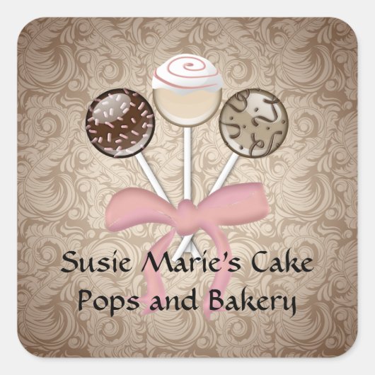 Elegant Cacao Damask Cake Pop Vierkante Sticker La (Voorkant)