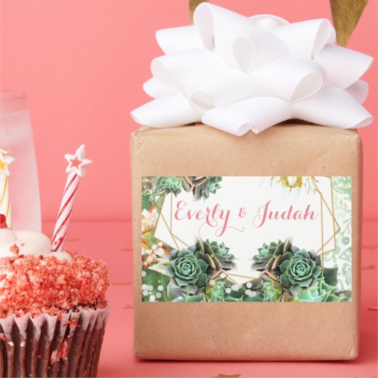 Elegant Cactus Succulent Coral Pink Wedding Rechthoekige Sticker (Feest)