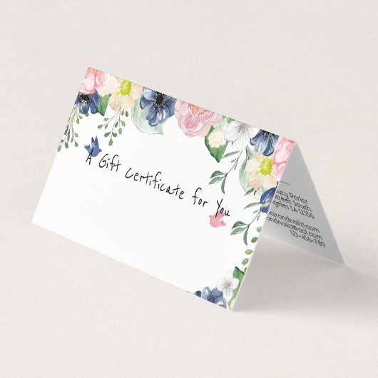 Elegant Cadeaubon Blauw Bloemmotief - Logo Toevoeg Visitekaartje (Voorkant)