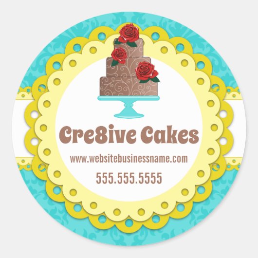 Elegant Cake Bakkerij Damask Gele Scallop Seals Ronde Sticker (Voorkant)