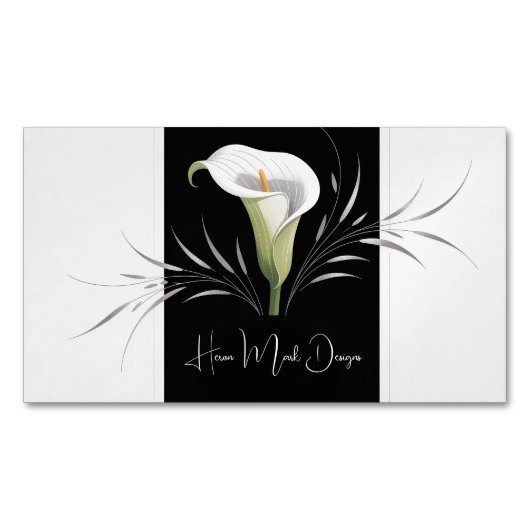 Elegant Calla Lily Black and White Silver Swirl Magnetisch Visitekaartje (Voorkant)