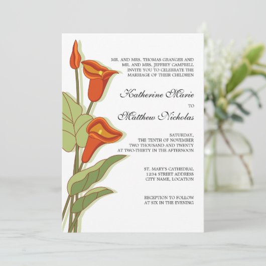 Elegant Calla Lily in het Oranje huwelijk Kaart (Staand voorkant)