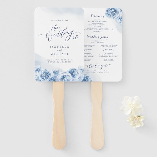 Elegant calligrafie blauwe waterverf florale bruil handwaaier (Voorkant en achterkant)