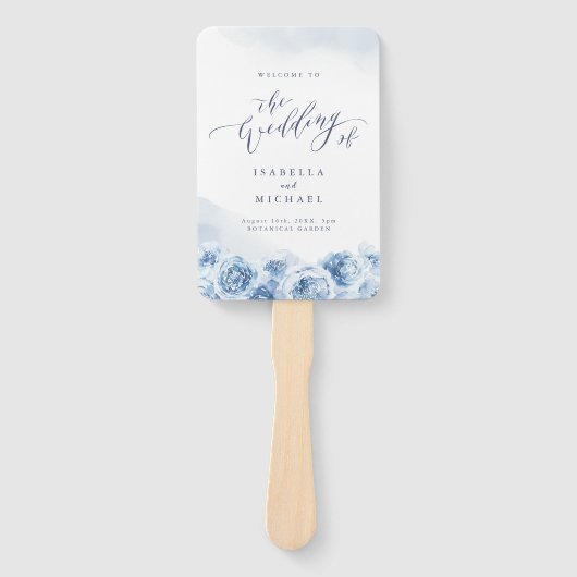 Elegant calligrafie blauwe waterverf florale bruil handwaaier (Voorkant)