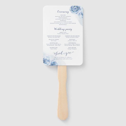 Elegant calligrafie blauwe waterverf florale bruil handwaaier (Achterkant)