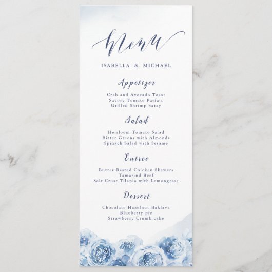 Elegant calligrafie blauwe waterverf florale bruil menu (Voorkant)