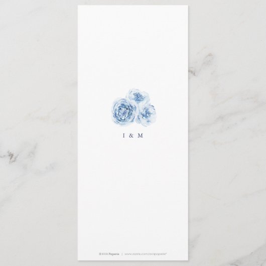 Elegant calligrafie blauwe waterverf florale bruil menu (Achterkant)