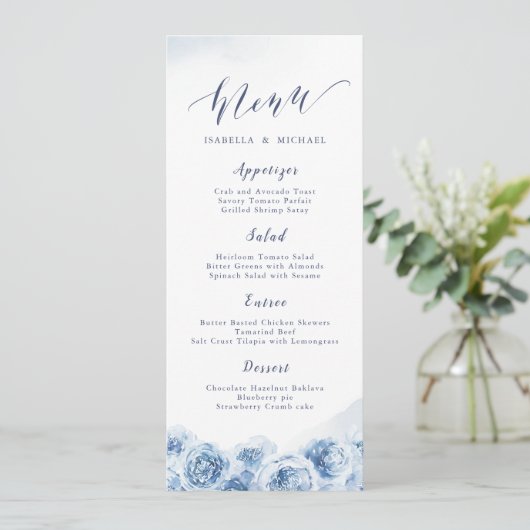 Elegant calligrafie blauwe waterverf florale bruil menu (Staand voorkant)