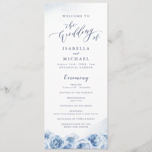 Elegant calligrafie blauwe waterverf florale bruil programmakaart (Voorkant)