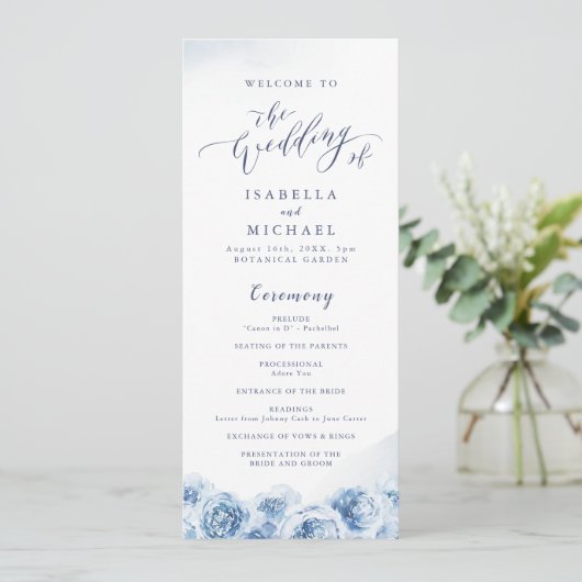 Elegant calligrafie blauwe waterverf florale bruil programmakaart (Staand voorkant)
