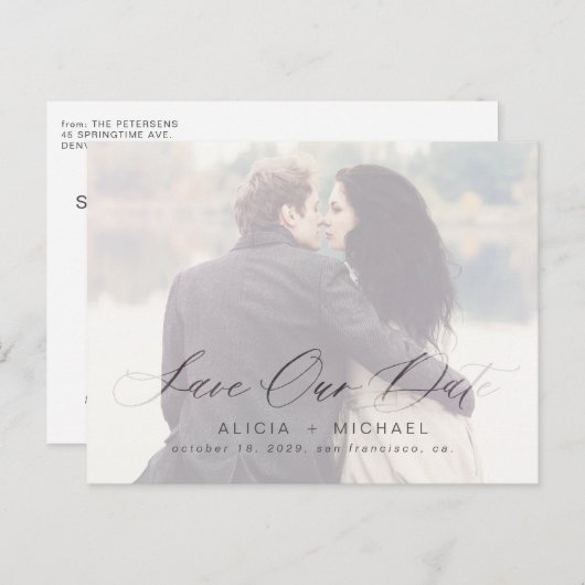 Elegant calligrafie bruiloft foto bewaart onze dat aankondigingskaart (Voorkant / Achterkant)